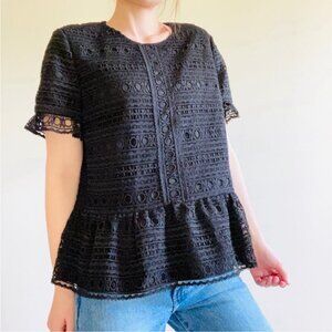 Kate Spade Eyelet Peplum Y2K Black blouse top XS Classic Baby Doll